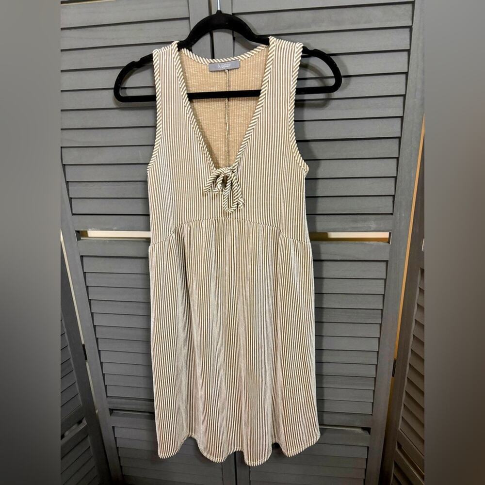 Ribbed Loose Fit Dress Beige and White Stripe V-neck with Tie Detail Size S